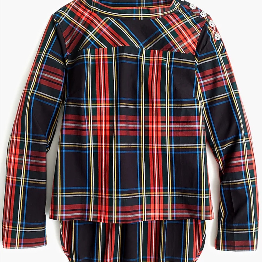 J.Crew funnel neck shirt Stewart Tartan plaid  jeweled buttons size 0